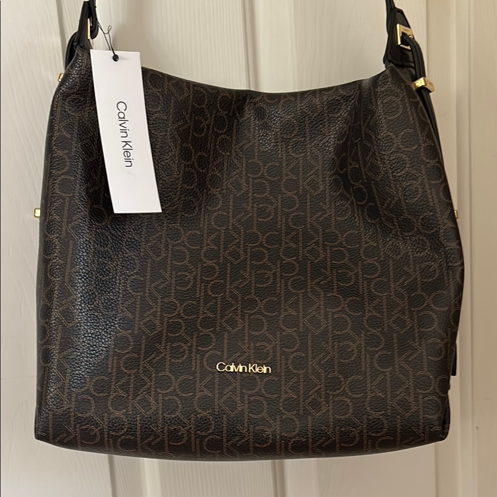Calvin Klein Brown Hobo Bag with Signature Monogram